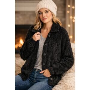 Black Teddy Plush Fuzzy Button Front Cardigan Sweater Pockets Susina NWT